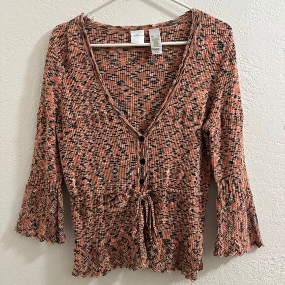 Emma James Multicolor Angora Blend Knit Tie Front Flare Sleeve Button Down Y2K C - Picture 1 of 6
